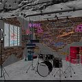 Public Office Space With Neon Signs Brick Wall Drum Set Ring Light And Live Music