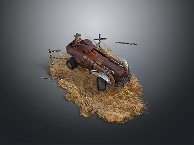 Rusty Vintage Car Parked on Dry Grass with Crosses and Branches 3d model