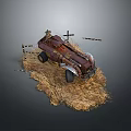 Rusty Vintage Car Parked on Dry Grass with Crosses and Branches