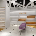 LOVEEVENI Specialty Store With Modern White Interior Purple Sofa And Open Shelves