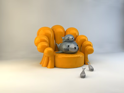 Orange Rounded Leisure Chair With Shark Plush Toys And Small Gray Decor Items 3d model