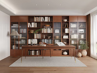 Modern Study Room With Walnut Bookshelves Books Wooden Desk Open Book Potted Plants And Rug 3d model