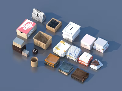 Assorted Household Items Including Storage Boxes Woven Baskets And Folded Fabrics 3d model