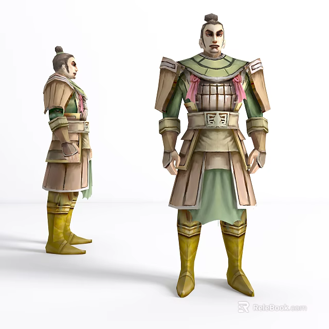 Game and Movie Character Wearing Layered Green Beige Armor With Yellow Boots 3d model 