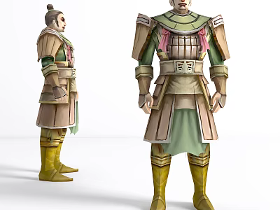 Game and Movie Character Wearing Layered Green Beige Armor With Yellow Boots 3d model