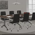 Modern Conference Table With Black Office Chairs Wooden Surface Documents Pendant Light And Potted Plant