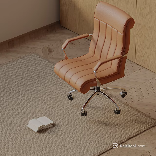 Tan Leather Massage Chair With Wheels Placed On Rug And Side Book 3d model 