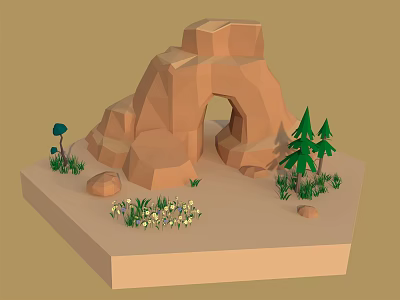 Scenic Low Poly Rock Arch With Pine Trees Small Flowers And Sandy Ground 3d model