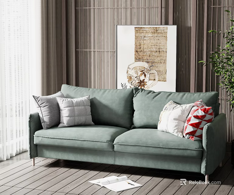 Teal Two-Seater Sofa with Patterned Cushions Wooden Wall Art Potted Plant and Wooden Floor 3d model 