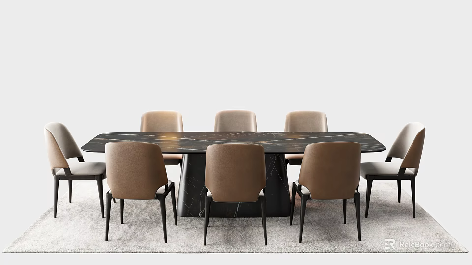Modern Dining Table Set With Black Tabletop And Brown Dining Chairs 3d model