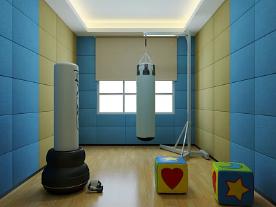 Kids Playroom Interior with Blue Beige Walls Hanging Standing Punching Bags Wooden Floor and Blocks 3d model