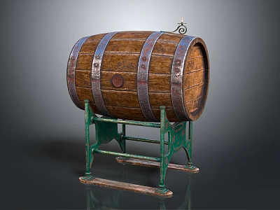 Decorative Ornament Set Featuring Wooden Barrel With Metal Hoops On Green Metal Stand Home Decor 3d model