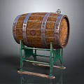 Decorative Ornament Set Featuring Wooden Barrel With Metal Hoops On Green Metal Stand Home Decor