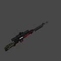 Futuristic Sci Fi Rifle With Red Glowing Accents Scope And Wooden Stock On Blue Background