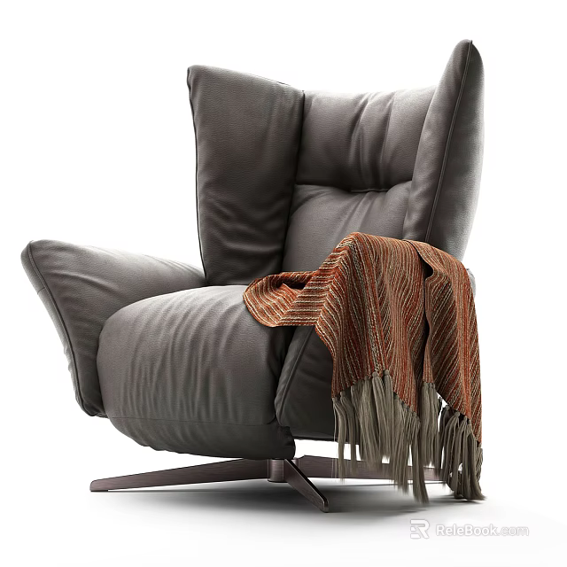 Cozy Gray Single Sofa With Brown Fringed Blanket And Wooden Swivel Base 3d model 