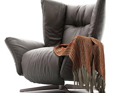 Cozy Gray Single Sofa With Brown Fringed Blanket And Wooden Swivel Base 3d model