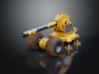 Yellow Industrial Mechanical Device With Large Tires And Extended Arm Structure On Reflective Black Surface 3d model