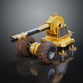 Yellow Industrial Mechanical Device With Large Tires And Extended Arm Structure On Reflective Black Surface