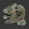 Scenic Landscape Featuring Wooden Cabin Bridge Waterfall And Pine Trees On Rocky Terrain