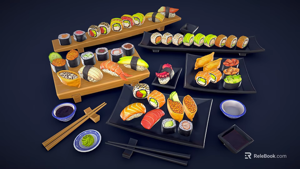 Assorted Japanese Sushi Platter with Maki Rolls Sashimi Chopsticks Soy Sauce and Wasabi 3d model 