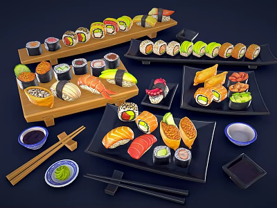Assorted Japanese Sushi Platter with Maki Rolls Sashimi Chopsticks Soy Sauce and Wasabi 3d model