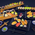 Assorted Japanese Sushi Platter with Maki Rolls Sashimi Chopsticks Soy Sauce and Wasabi