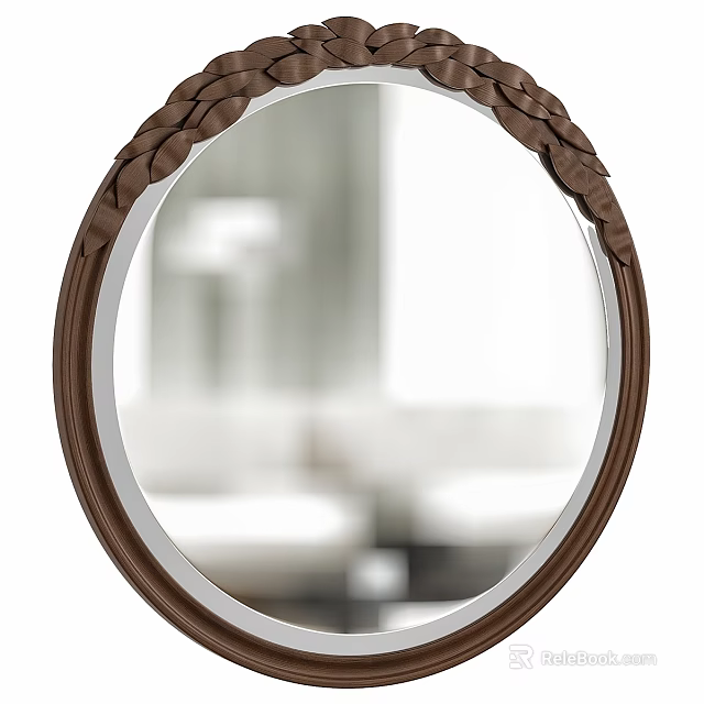 Round Bathroom Mirror With Carved Brown Frame And Elegant Reflection 3d model 