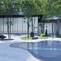 Modern Garden Landscape With Glass Curtain Walls Trees And Open Courtyard Paving