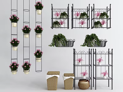 Garden Decor With Hanging Plant Stands Multi Tiered Shelves Pink Flowering Plants And Woven Baskets 3d model