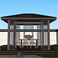 Courtyard Garden Featuring Metal Frame Wooden Pavilion Table Chairs Green Plants Stones And Lawn
