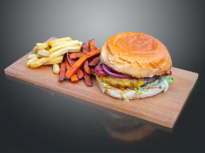 Juicy Burger With Crispy Regular And Sweet Potato Fries Served On Wooden Cutting Board 3d model
