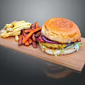 Juicy Burger With Crispy Regular And Sweet Potato Fries Served On Wooden Cutting Board