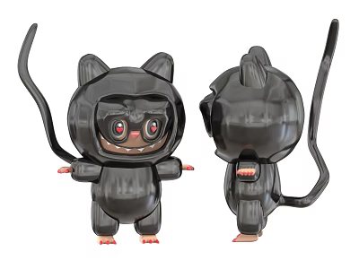 Cute Black Cartoon Doll With Big Eyes Long Tail Red Feet And Two Display Views 3d model Cute Black Cartoon Doll With Big Eyes Long Tail Red Feet And Two Display Views 3d model