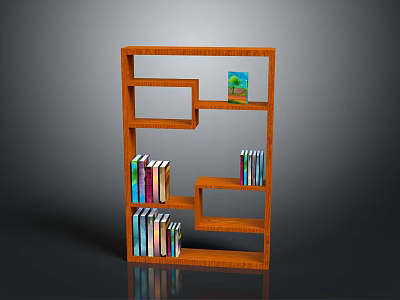 Stylish Orange Bookcase With Multiple Compartments Colorful Books And Decorative Artwork 3d model