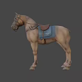 Realistic Brown Horse Equipped with Leather Harness Blue Saddle Pad and Bridle