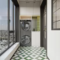 Home Balcony With Double Washing Machines Large Windows City View And Geometric Tile Floor