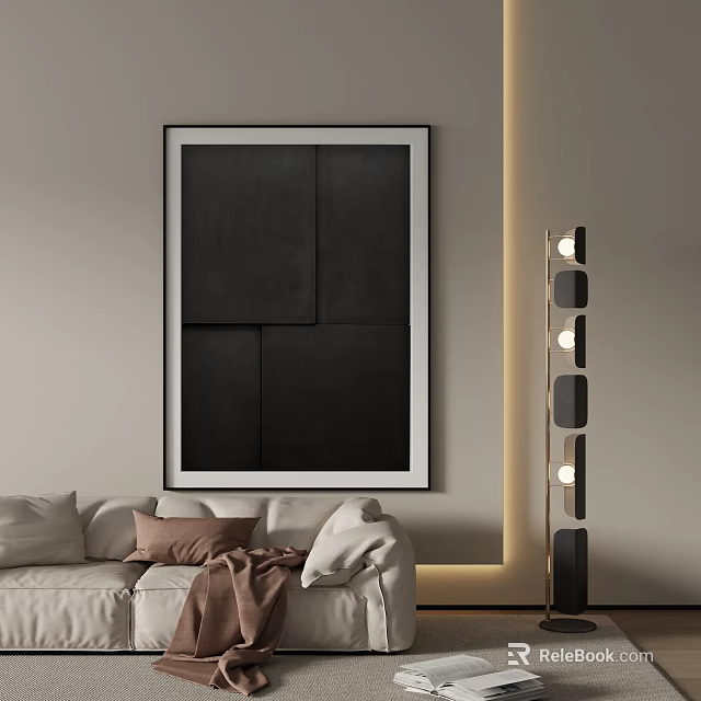 Abstract Landscape Painting in Living Room with Beige Sofa Brown Throw Blanket and Floor Lamp 3d model 