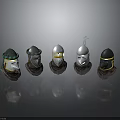 Five Medieval Warrior Helmets With Different Designs Shiny Metal Finish Displayed In Row 3d model