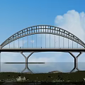 Modern Arch Bridge Over Water With Blue Sky White Clouds Green Grass And Lotus Flowers