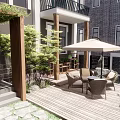 Traditional Modern Courtyard Garden With Greenery Covered Pergola Wooden Deck And Seating Set