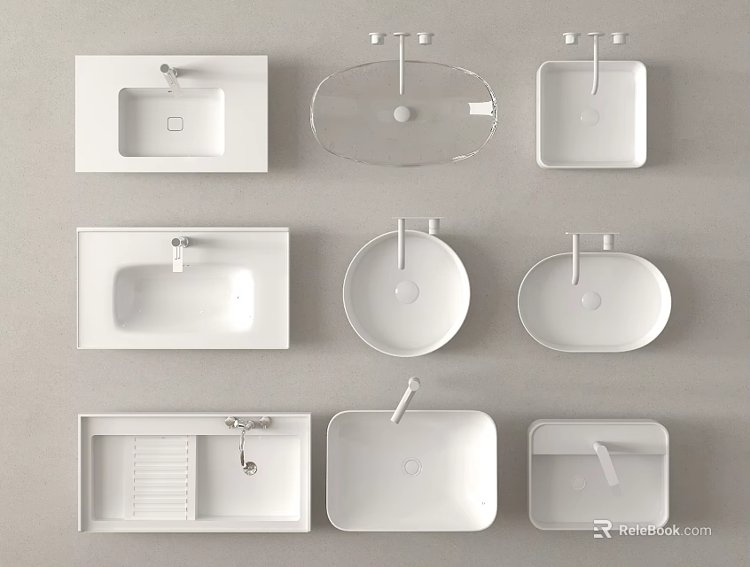 Different Types of Modern White Washbasins with Various Shapes and Designs 3d model 