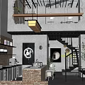 Industrial Restaurant Interior With Exposed Ceiling Brick Walls Wooden Beam And Metal Staircase