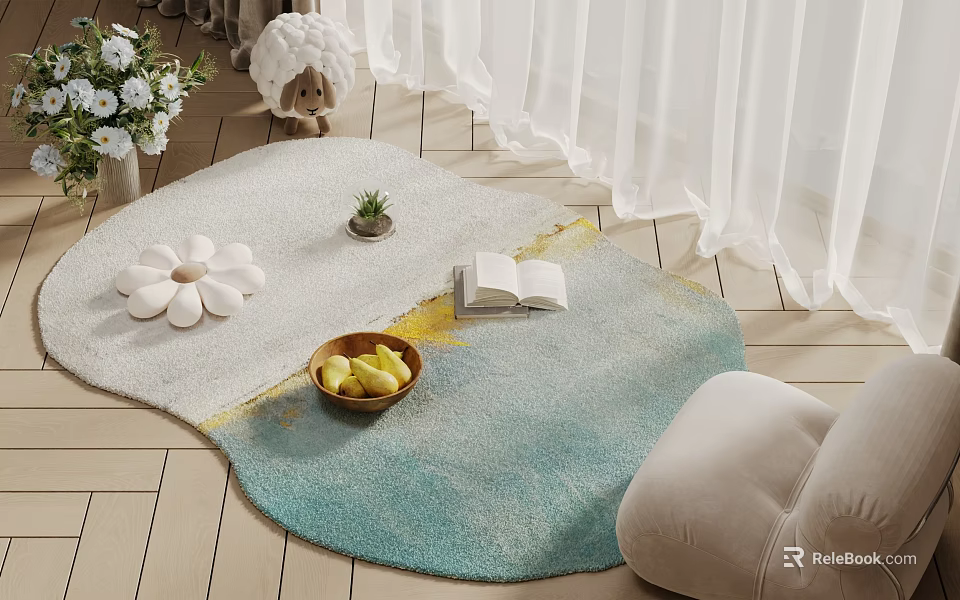 Cozy Soft Irregular Area Rug With Floral Decor Book And Fruits 3d model 