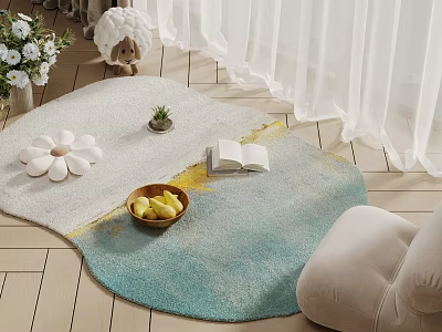 Cozy Soft Irregular Area Rug With Floral Decor Book And Fruits 3d model