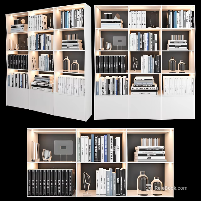 Modern Bookcase Interior Design With Stacked Books Decorative Items And Ambient Lighting 3d model 