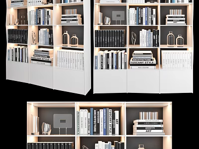 Modern Bookcase Interior Design With Stacked Books Decorative Items And Ambient Lighting 3d model