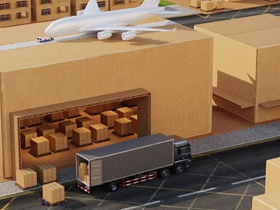 Aerial Planning of Logistics Hub with Container Warehouse Truck Loading Cargo and Airplane 3d model