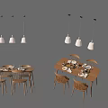 Round And Rectangular Dining Table Set With Chairs Pendant Lights And Tableware For Dining Room 3d model