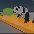 Art Installation Panda And Bear Sculptures Using Building Blocks On Yellow Platform Bamboo Water Sky