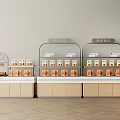 Light Colored Modern Display Shelves Featuring Counter Packaged Goods Baking Ingredients Labels and White Walls